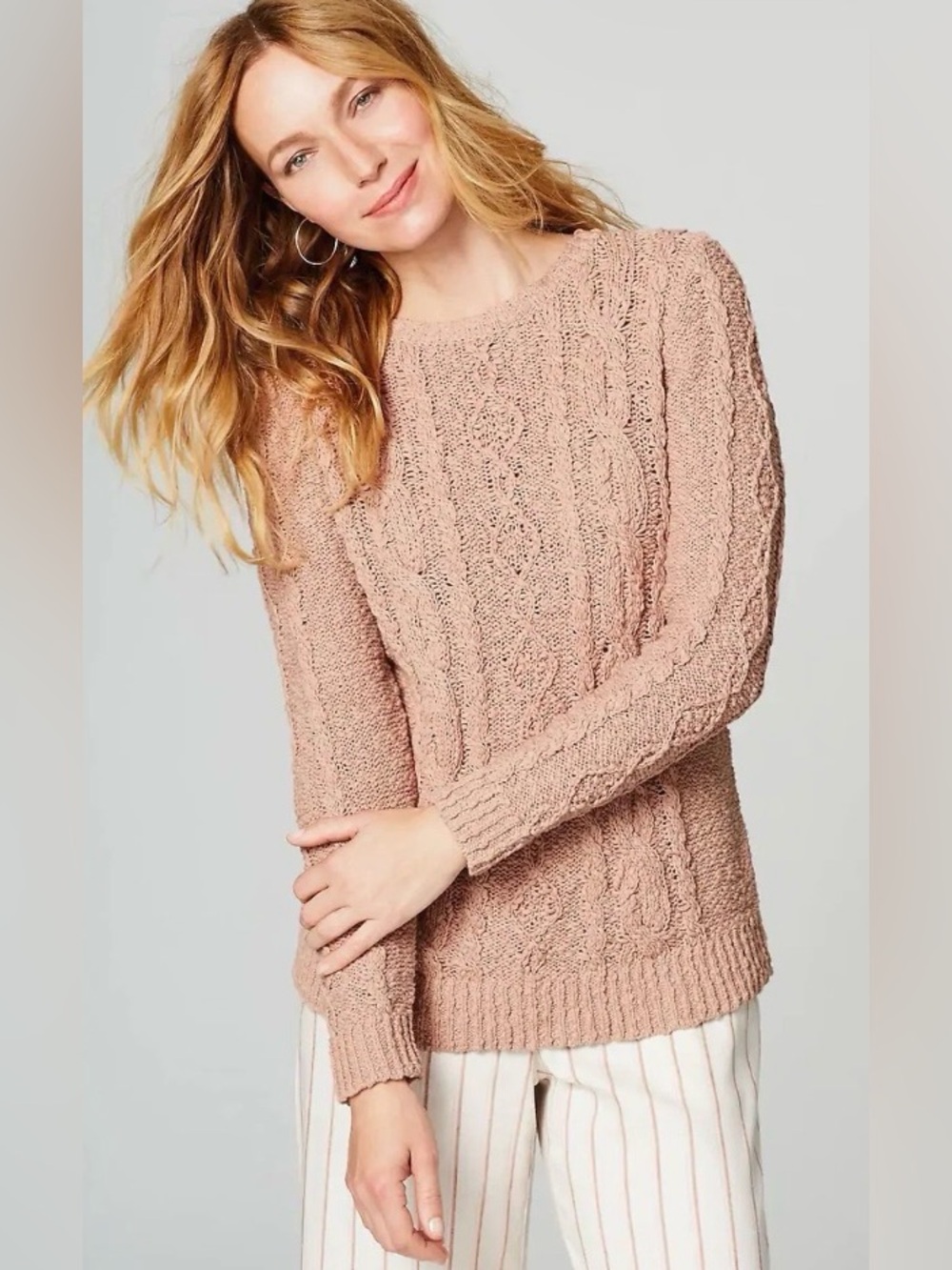 J.Jill Cable Knit Cotton Pullover Sweater Blush Pink M